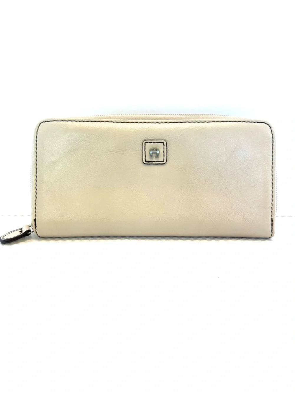 Etienne Aigner Cream Zip-Around Leather‎ Wallet with Silver Accent
